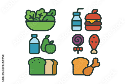 Healthy vs unhealthy food icons: salad, fruit, fast food, and drinks