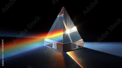 Newton Day prism splitting light. Light refracting through a glass prism creating a rainbow effect  