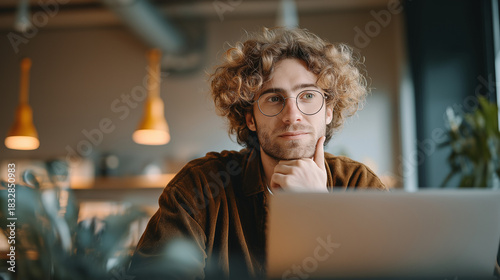 Young man with curly hair thinking while working on laptop indoors  