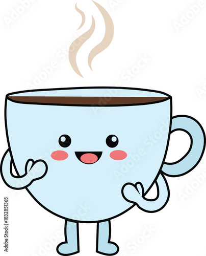Cheerful steaming coffee cup character to brighten your day and add a touch of whimsical charm to any project, perfect for cafes and morning promotions
