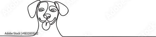 Continuous single line drawing of a dog’s face with floppy ears and a happy expression, minimalist pet portrait illustrated in a clean modern outline vector style