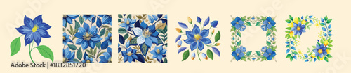 Blue Clematis Flower Vector Set. Royal Blue Floral Illustration Bundle. Elegant Wreath, Frame and Seamless Pattern Background for Wedding Invitation, Spring Design and Home Decor.