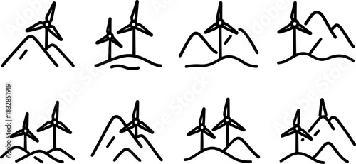 Wind energy and home power icons set. Turbines, batteries, solar panel outline illustrations