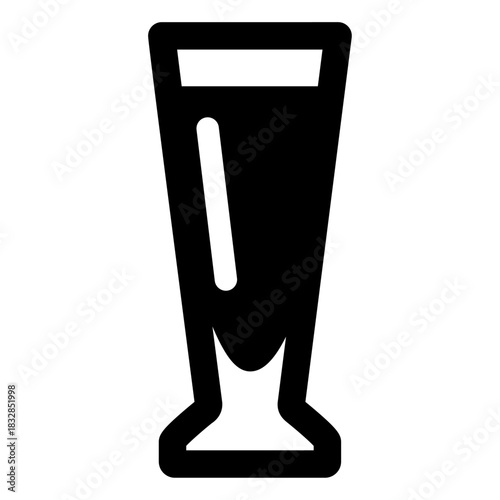 A bold, minimal beer glass icon featuring a tall, narrow shape with a stylized inner fill, representing draft beer, beverages, or bar-related elements in a clean outline style.
