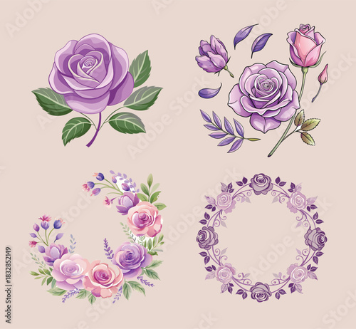 Lavender Rose Vector Set. Purple & Pink Floral Illustration Bundle. Romantic Wreath, Frame and Isolated Elements for Wedding Invitation, Luxury Branding & Beauty Products.