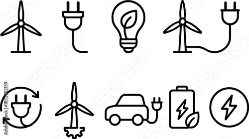 Wind energy and home power icons set. Turbines, batteries, solar panel outline illustrations