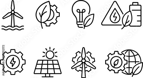 Wind energy and home power icons set. Turbines, batteries, solar panel outline illustrations