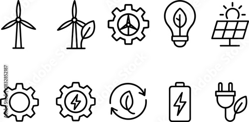 Wind energy and home power icons set. Turbines, batteries, solar panel outline illustrations