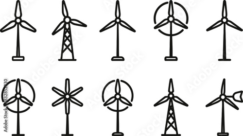 Wind energy and home power icons set. Turbines, batteries, solar panel outline illustrations