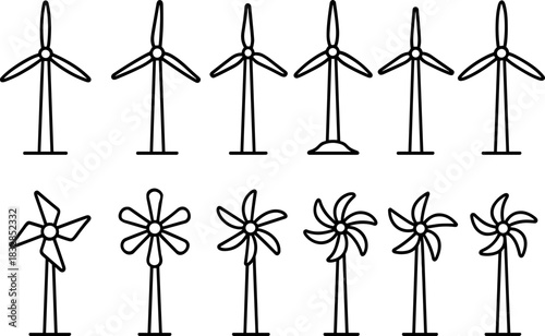 Wind energy and home power icons set. Turbines, batteries, solar panel outline illustrations