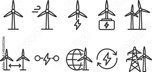 Wind energy and home power icons set. Turbines, batteries, solar panel outline illustrations