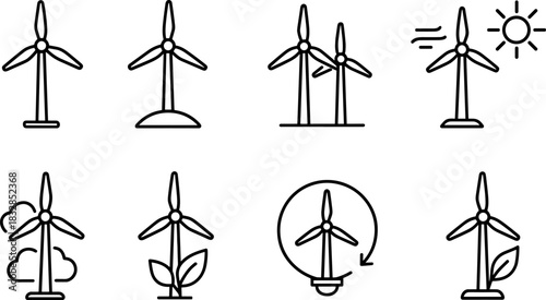 Wind energy and home power icons set. Turbines, batteries, solar panel outline illustrations