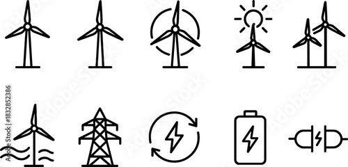 Wind energy and home power icons set. Turbines, batteries, solar panel outline illustrations