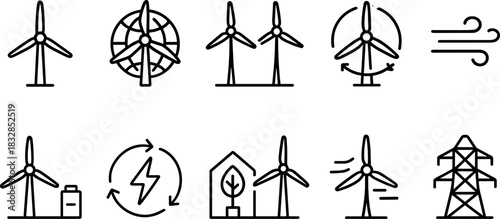 Wind energy and home power icons set. Turbines, batteries, solar panel outline illustrations