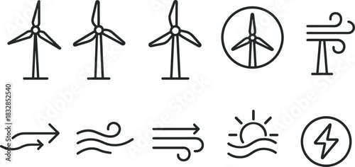 Wind energy and home power icons set. Turbines, batteries, solar panel outline illustrations