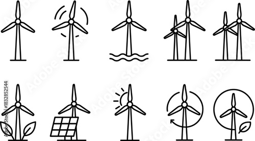 Wind energy and home power icons set. Turbines, batteries, solar panel outline illustrations