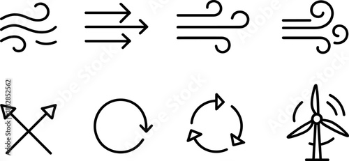 Wind energy and home power icons set. Turbines, batteries, solar panel outline illustrations