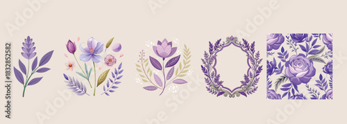 Lavender Flower and Purple Floral Vector Collection: Elegant Wreath, Botanical Bouquet, Seamless Pattern, and Vintage Frame for Wedding Invitation, Cosmetic Label, and Fabric Print