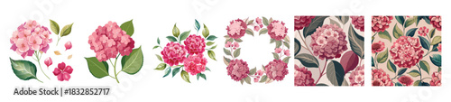 Hydrangea Flower Vector Set: Deep Pink Blooms, Leaves, and Seamless Pattern for Greeting Card, Wedding Invitation, and Fabric Design