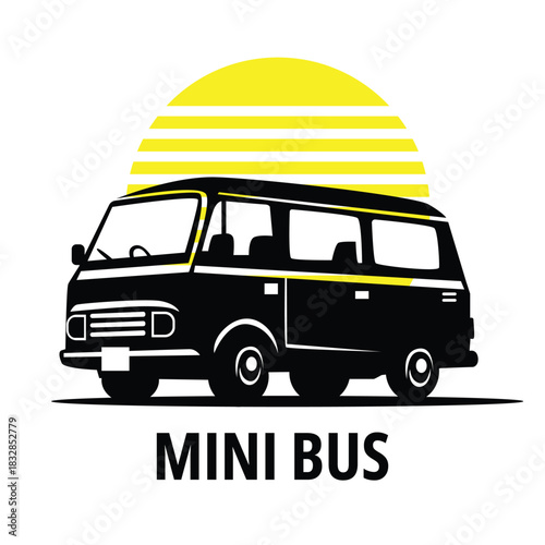 Retro Minibus Illustration with Sunset Background