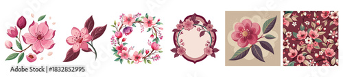 Watercolor Cherry Blossom Vector Set: Pink Sakura Floral Graphics, Hand-Drawn Bud and Petal Elements, Wreath, Frame, and Seamless Pattern for Wedding and Textile