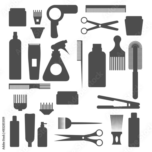 Barber and Hair Salon Tools Set. Scissors, Comb, and Hair Styling Equipment Vector Collection