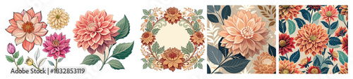 Vintage Dahlia Flower Vector Set Collection: Botanical Floral Element Graphics with Wreath, Frame, Petals, and Seamless Pattern for Wedding, Valentine's Day, and Design
