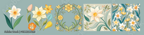 Spring Daffodil Vector set with square decorative frame, seamless pattern and background for luxury packaging, wedding stationery, textile, scarf print, label design