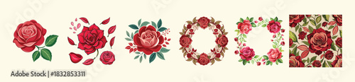 Crimson Red Rose Flower Vector Set. Detailed Botanical Collection with Elegant Floral Wreath, Luxurious Seamless Pattern, Buds, and Leaves for Valentine's Day, Wedding, and Fabric Print.
