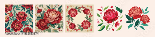 Detailed Crimson Red Peony Flower Vector Set. Luxurious Vintage Botanical Collection with Seamless Pattern, Elegant Floral Wreath Frame, and Isolated Elements for Wallpaper, Fabric Print, Wedding card