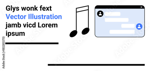 Communication, music sharing, online messaging, social interaction, teamwork, audio platforms. Music note and chat interface on white background. Communication and music sharing concept