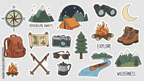 Camping and Adventure Stickers - Compass, Mountains, Tent, and More.