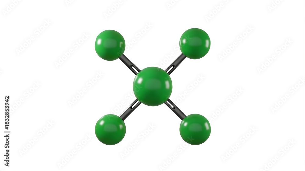 Obraz premium Ball and stick model illustrating the square planar molecular geometry of a central atom bonded to four surrounding atoms isolated on white background