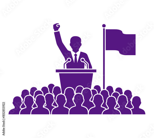 Empowering Leadership Inspiring Change A Silhouette of a Person Speaking to a Crowd with a Flag Symbolizing Unity and Progress