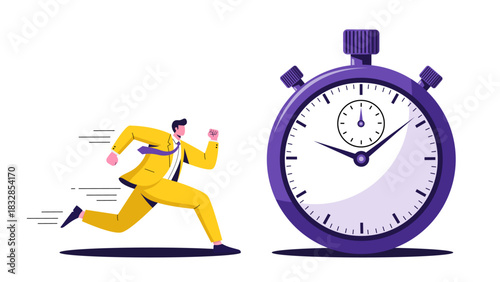 A dynamic flat design vector illustration symbolizing urgency, time management, and facing a strict business deadline.