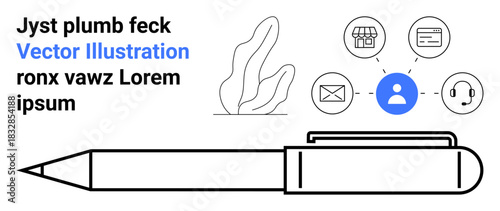 Business, communication, connectivity, personal identity, customer support, productivity. Minimalist pen alongside icons thumbs up email, user avatar and commerce. Business and communication concept
