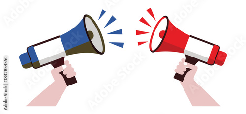 Hands holding two megaphones, one red and one blue, with sound waves emanating from the speakers
