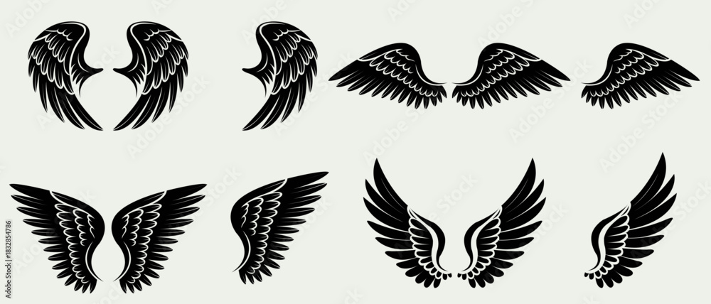 Obraz premium Angel wings vector designs in diverse styles for apparel tattoo logo or emblem creation, symbolizing flight, freedom, strength, and spiritual protection, perfect for masculine or feminine concepts.