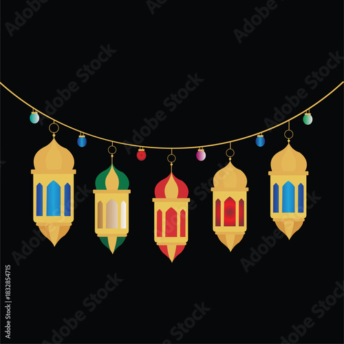 Vector set of Chinese lanterns in line art style, decorations for the Lunar new year, lantern festival or mid autumn festival	