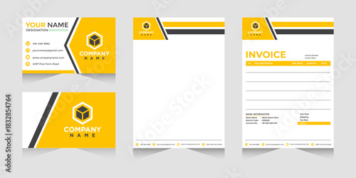 Business stationery vector template set featuring double sided business card, letterhead, invoice, and hexagonal logo, editable for professional corporate identity use.