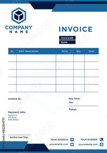 Professional business invoice design template featuring a clean layout, and a 3D hexagonal logo, editable for professional corporate identity and finance tracking purposes.