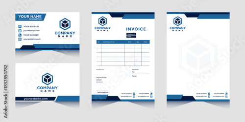 Business stationery vector template set featuring business card, letterhead, invoice, and logo design, editable for professional corporate identity use.