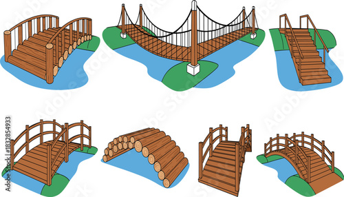 Vector Set of Wooden Bridges and Log Bridges over Water Suspended Footbridge Design Elements for Park or Garden Landscape