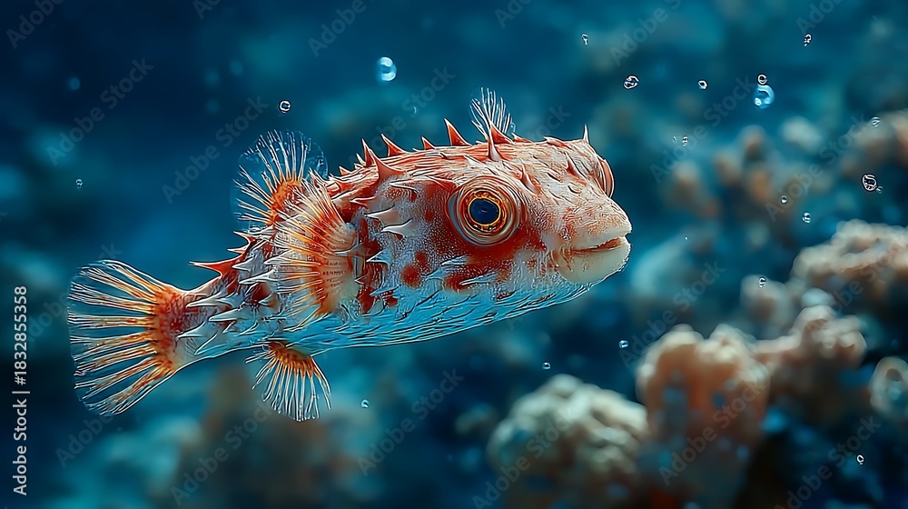 Fototapeta premium Pufferfish inflated underwater coral reef detailed spikes images