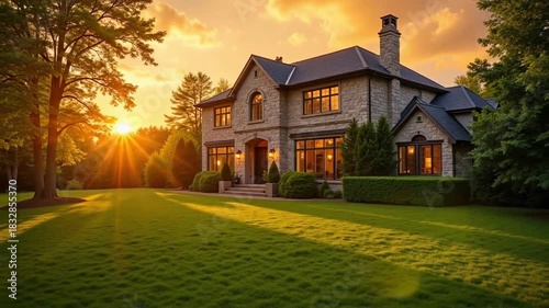 Luxurious stone house with manicured lawn bathed in the warm glow of sunset light creating a serene and inviting atmosphere for upscale living