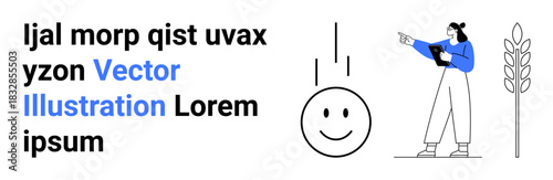 Woman holding tablet gestures thoughtfully at a falling happy face. Text elements and wheat stalk complete the minimalist design. Ideal for education, creativity, data analysis, teamwork, business