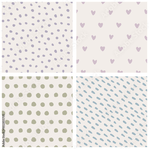 Seamless polka dot, mottled and hearts patterns collection. Vintage childish abstract background with white and purple blue pink green soft colors. Hand-drawn brush strokes textures.