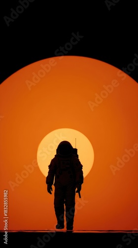 Astronaut walks toward glowing sunset
