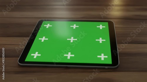 Modern tablet with green screen for video editing on stylish wooden desk perfect for marketing mockups and app demos showing technology in use