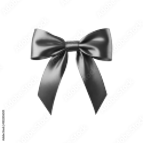Black dotted ribbon bow illustration with halftone texture. Elegant decorative bow silhouette for celebration, gift design, holiday decor and festive graphic projects.
